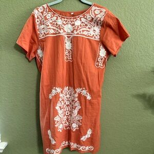 Embroidered Orange Cotton Shift Dress with White Floral Detail
